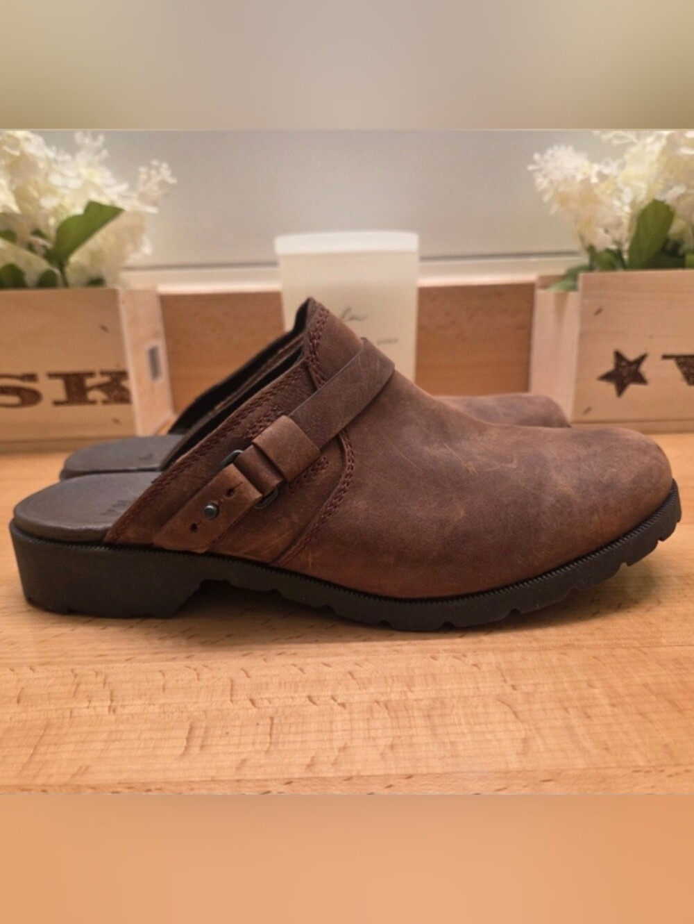 Teva Delavina Mules Waterproof Leather Slip-On Clogs Brown Womens Size 6.5